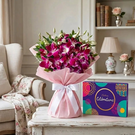 5 Purple Orchids Bouquet with Kamini Leaves & Cadbury Celebrations Box