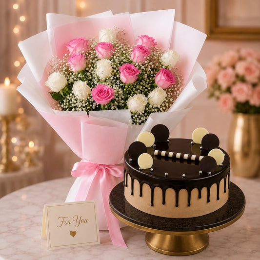 8 Aqua Pink Roses & 7 White Roses With Chocolate Cream Cake