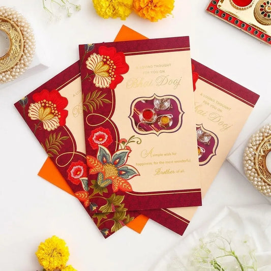 Pack of 3 Maroon Floral 'A Loving Thought' Bhai Dooj Greeting Cards