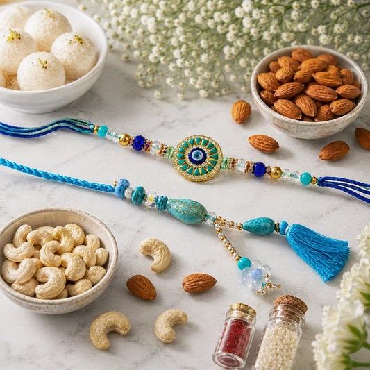 Evil Eye Sun Medallion Bhaiya Bhabhi Rakhi Set with Rasgulla & Dry Fruits