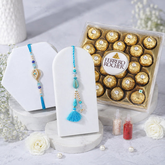 Bhaiya Bhabhi Evil Eye and Turquoise Tassel Rakhis with Ferrero Rocher