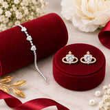 Silver-Toned CZ Tennis Bracelet and Saturn Stud Earrings Set