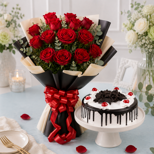 10 Red Roses With Black Forest Cake