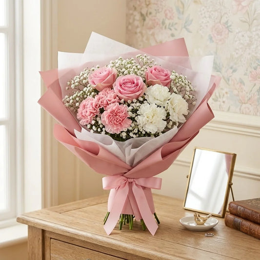 Pink & White Carnations, Roses & Gypsophila Bouquet in Leopard Print Wrap