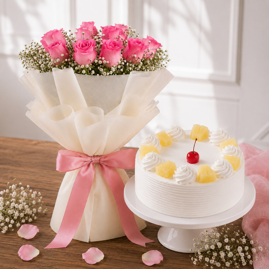 10 Aqua Pink Roses With Pineapple Cake