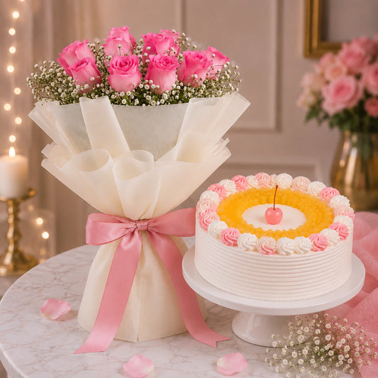 10 Aqua Pink Roses With Pineapple Cake