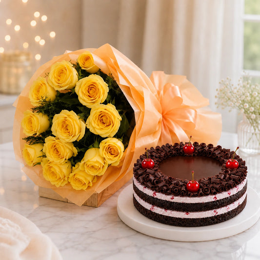 12 Yellow Roses With Black Forest Cake
