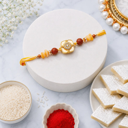 Gemstone Clover Charm Rakhi with Kaju Katli