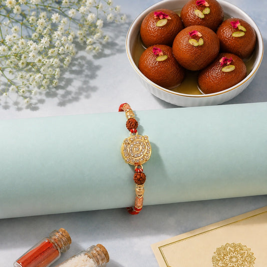 Rhinestone Sunburst Medallion Rakhi with Gulab Jamun