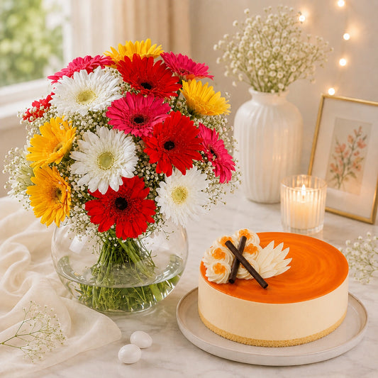 4 Gerberas, Butterscotch Cake & Vase