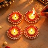Set of 4 Gold-Tone Pearl Beaded Round Diya