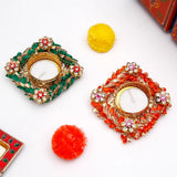 Set of 4 Multicolor Kundan Diya Holders
