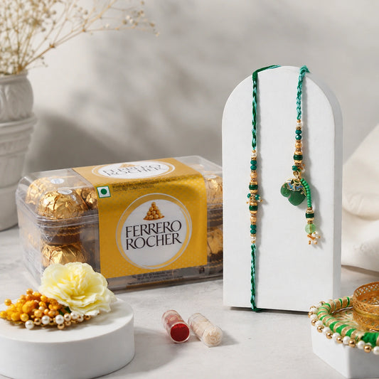 Green Beaded Elephant Charm Rakhi with Ferrero Rocher (16 pcs)
