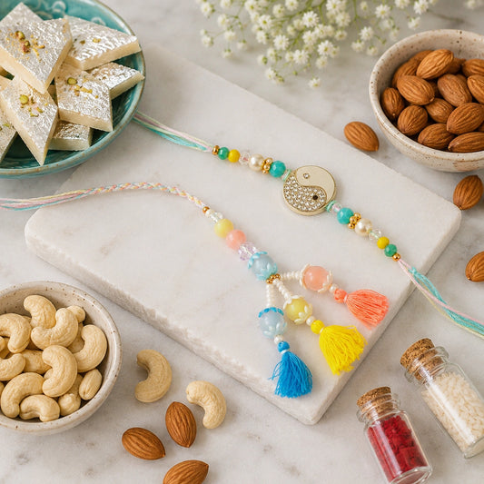 Pastel Beaded Yin-Yang Bhaiya Bhabhi Rakhi Set with Kaju Katli & Dry Fruits