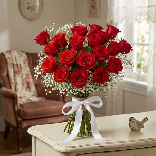 Romantic 20 Red Roses Bouquet with White Gypsophila Fillers