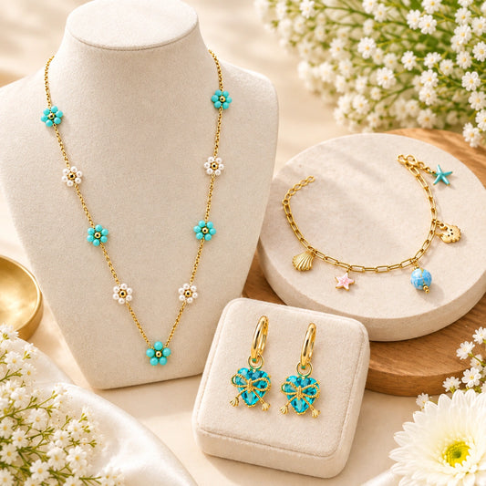 Turquoise Floral Necklace, Charm Bracelet and Heart Bow Earrings Set