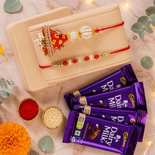 Lumba & Pearl Rakhi with Dairy Milk Chocolates | Bhaiya Bhabhi Rakhi Gift
