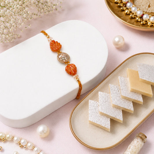 Shell Leaf Bead Rakhi with Kaju Katli