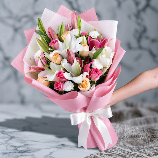 Pink Roses, Peach Roses & Lilies Mixed Bouquet