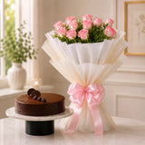 12 Pink Roses With Eggless Chocolate Truffle Cake