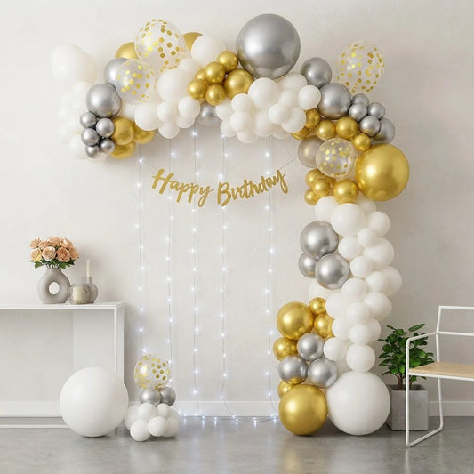 White & Gold Net Curtain Balloon Arch Decor