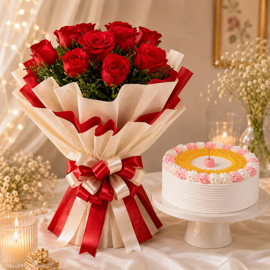 10 Red Roses With Pineapple Cake