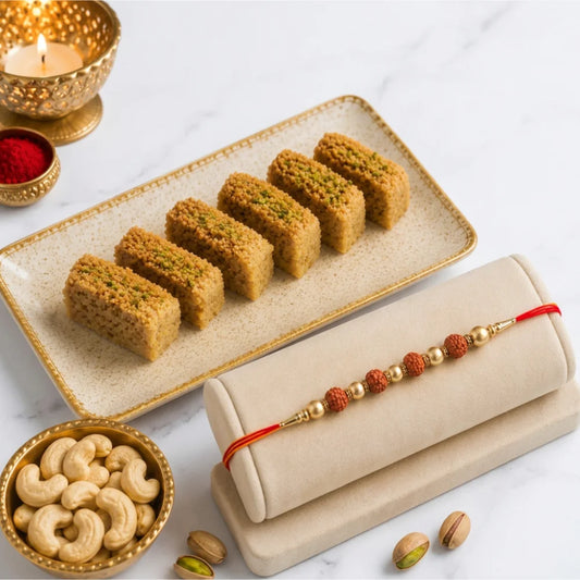 Rudraksha Rakhi with Milk Cake & Cashews | Rich Raksha Bandhan Gift Hamper