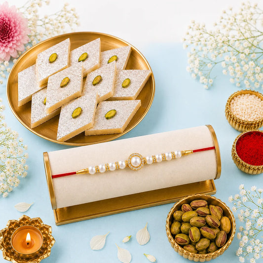Pearl Rakhi with Kaju Katli & Pistachios | Premium Raksha Bandhan Sweet Hamper