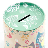Beige Floral Pair Owl Tin Money Box