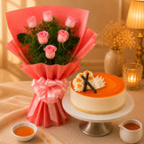 6 Baby Pink Roses With Butterscotch Cake