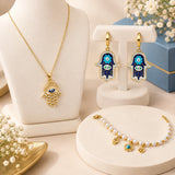 Gold-Toned Hamsa Evil Eye Necklace, Earrings and Pearl Bracelet Set