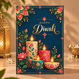 Personalized Diwali Greeting Card with Floral Candles on Navy Blue