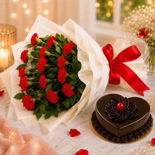 Red Carnations With Chocolate Truffle Cake