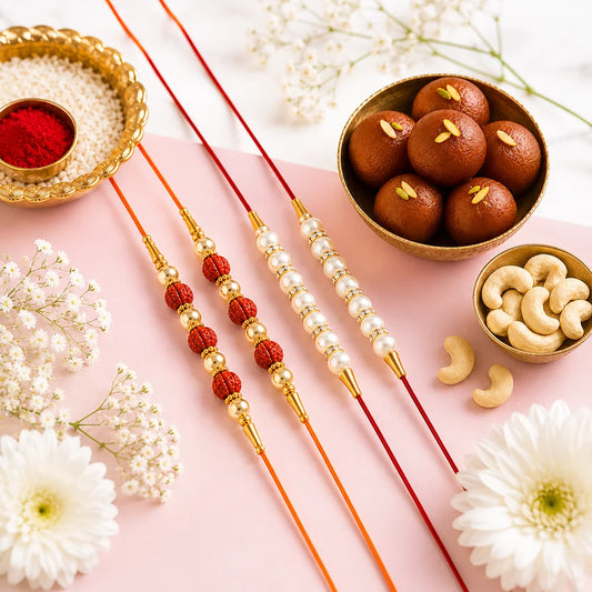 Pearl & Rudraksha Family Rakhi Pack with Gulabjamun & Cashews | Rakhi Hamper