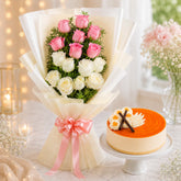 7 Pink Roses & 8 White Roses With Eggless Butterscotch Cake