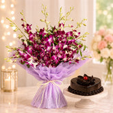 10 Purple Orchids With Chocolate Truffle Cake