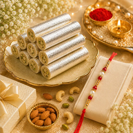 Pearl Rakhi with Kaju Roll & Almonds | Festive Raksha Bandhan Sweet Gift