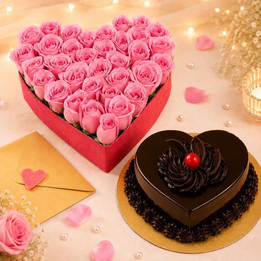 35 Pink Roses With Eggless Chocolate Truffle Cake