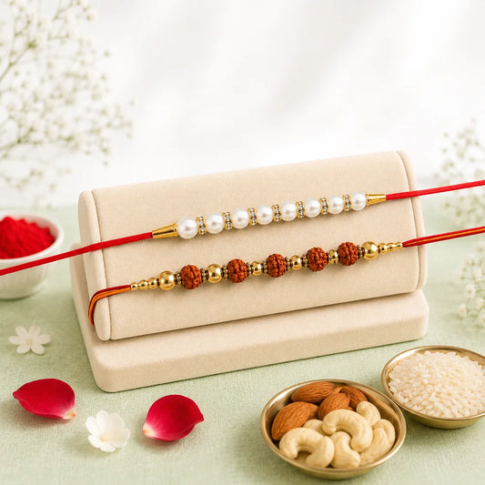 Premium 2 Pearl & Rudraksha Rakhi with Dry Fruits | Luxury Raksha Bandhan Hamper