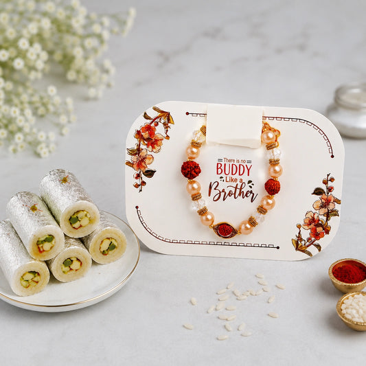 Rudraksh Pearl Bead Bracelet Rakhi with Kaju Roll
