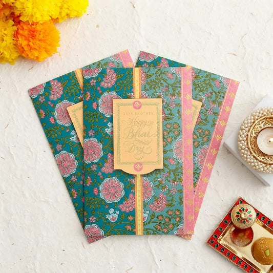 Pack of 3 Teal Floral 'Dear Brother, Happy Bhai Dooj' Greeting Cards
