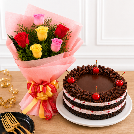 6 Mixed Roses With Black Forest Cake
