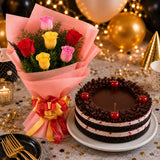 6 Mixed Roses With Black Forest Cake