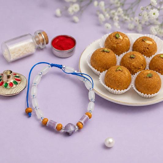 Violet Bead Bracelet Rakhi with Besan Laddo