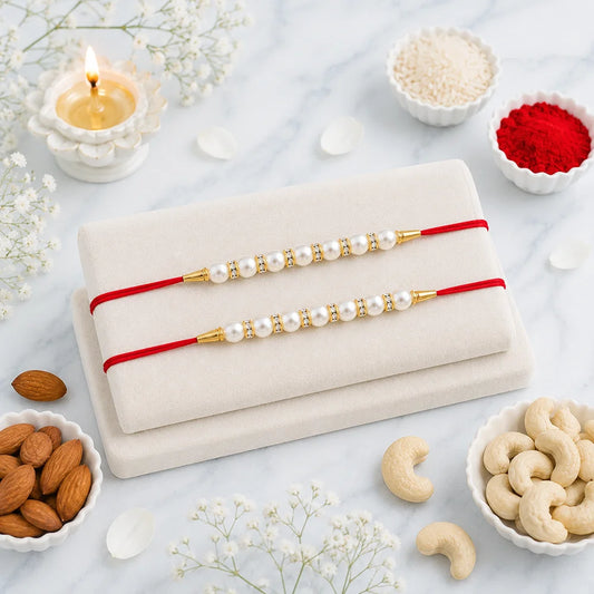 Set of 2 Pearl Rakhi with Premium Dry Fruits | Elegant Raksha Bandhan Gift