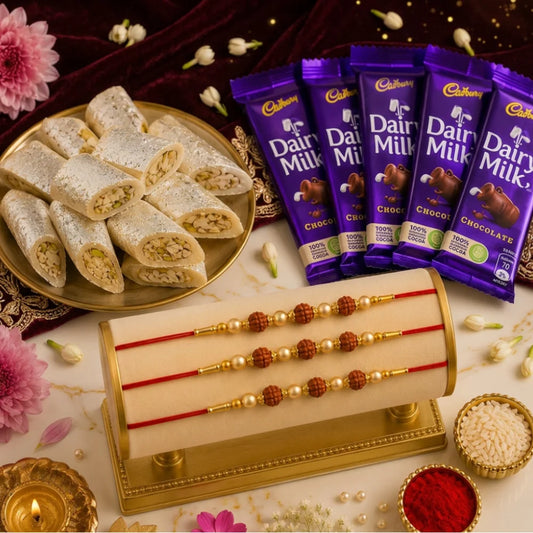 Set of 3 Rudraksha Rakhi with Kaju Roll & Dairy Milk Chocolates | Rakhi Combo Pack