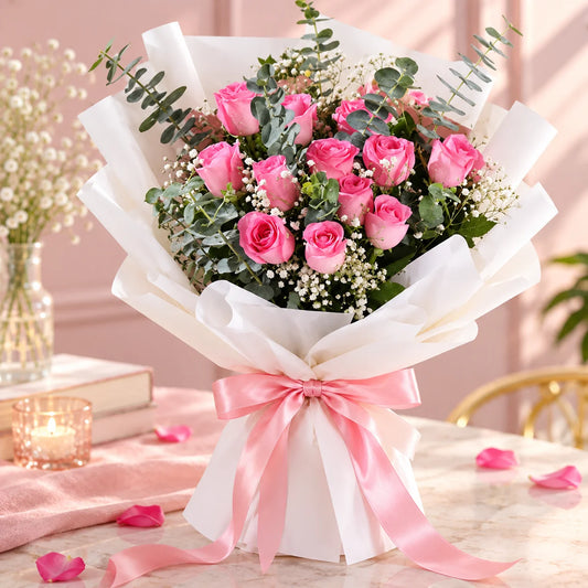 Elegant 12 Pink Roses Bouquet in White Premium Paper with Pink Ribbon