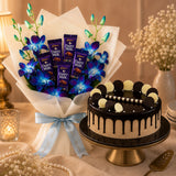 5 Blue Orchids With Cadbury Chocolate And Cake