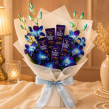 5 Blue Orchids With Cadbury Chocolate And Cake