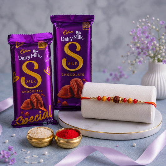 Rudraksha Rakhi With Cadbury Silk Chocolates